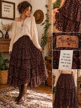 Vintage Painted Pony Sheer Tiered Prairie Skirt Boho Floral Maxi One Size